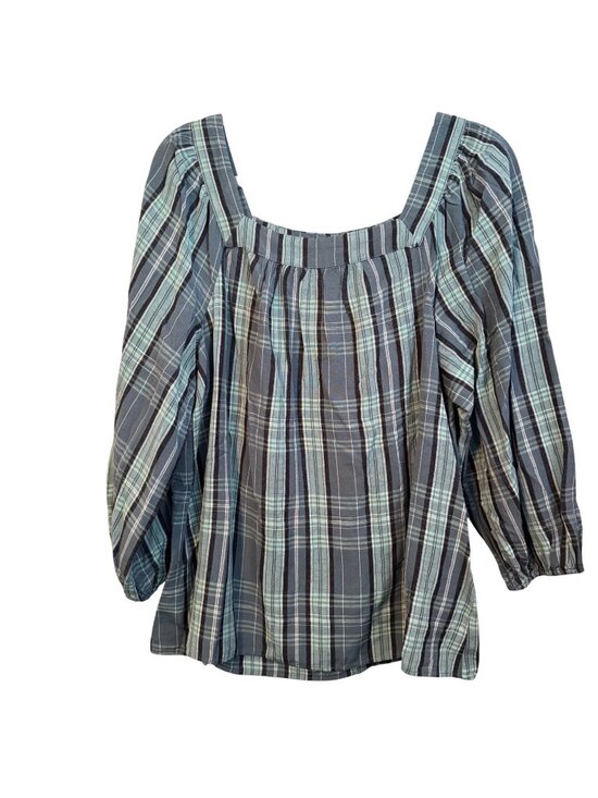 Lauren Conrad Tops - Lauren Conrad Sz L Plaid Square Neck Blouse Long Sleeve Lightweight Blouse